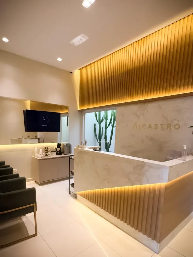 Recepção do Studio Di Castro em plano aberto: ripado de madeira retroiluminado em dourado, balcão de mármore, poltronas escuras e cactos na janela.